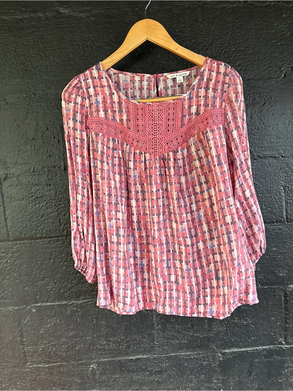 Zac & Rachel Pink Multi-Stripe Crochet Yoke Blouse